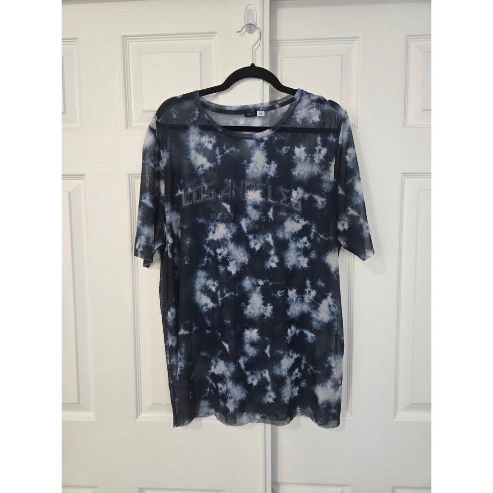 BDG Urban Outfitters Los Angeles Sheer Mesh Tie Dye Graphic T-Shirt Blue Large